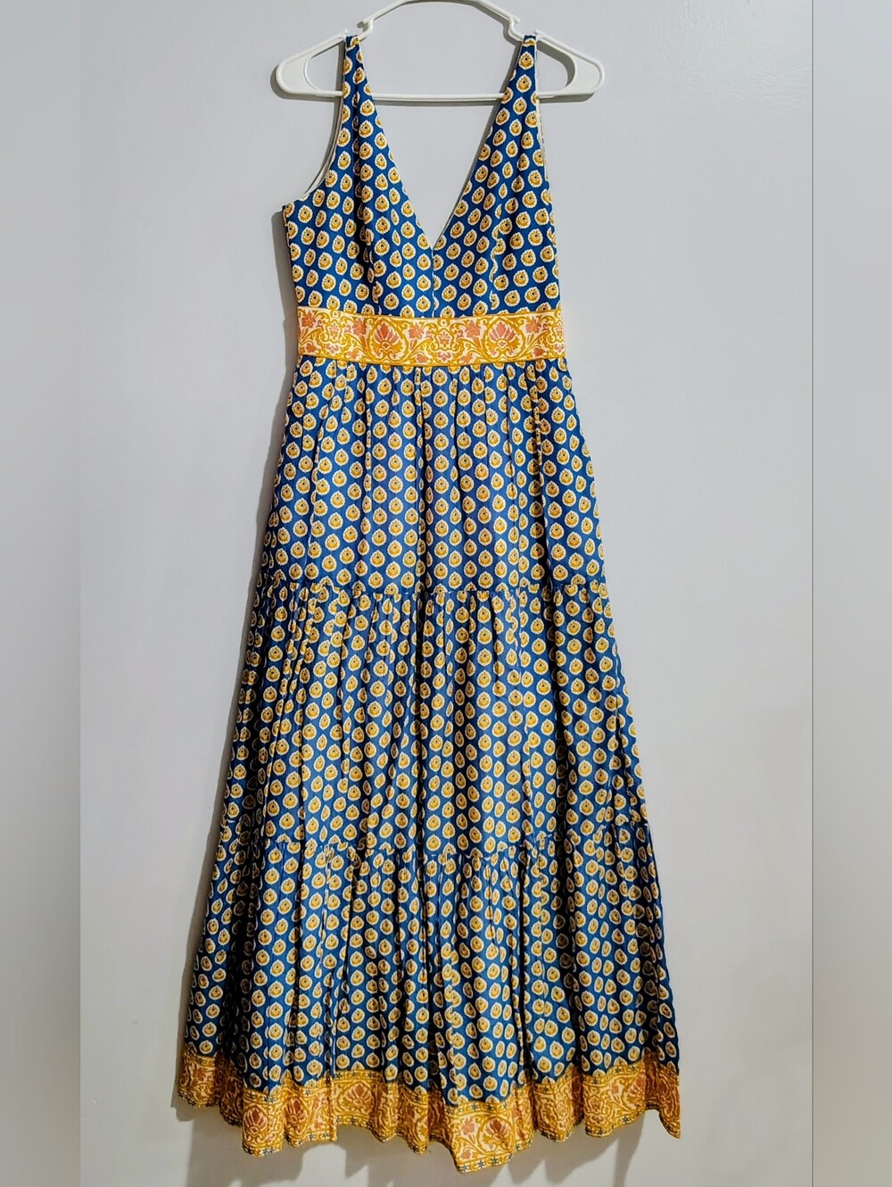 Sleeveless Blue & Yellow Printed V-Neck Maxi Dress